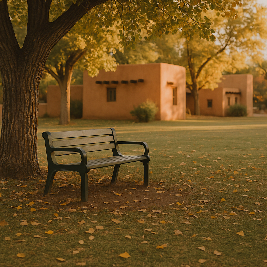 “An empty bench beneath a cottonwood tree in morning light, symbolizing quiet reflection and small acts of motion.”