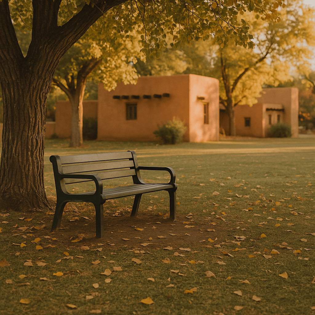 “An empty bench beneath a cottonwood tree in morning light, symbolizing quiet reflection and small acts of motion.”