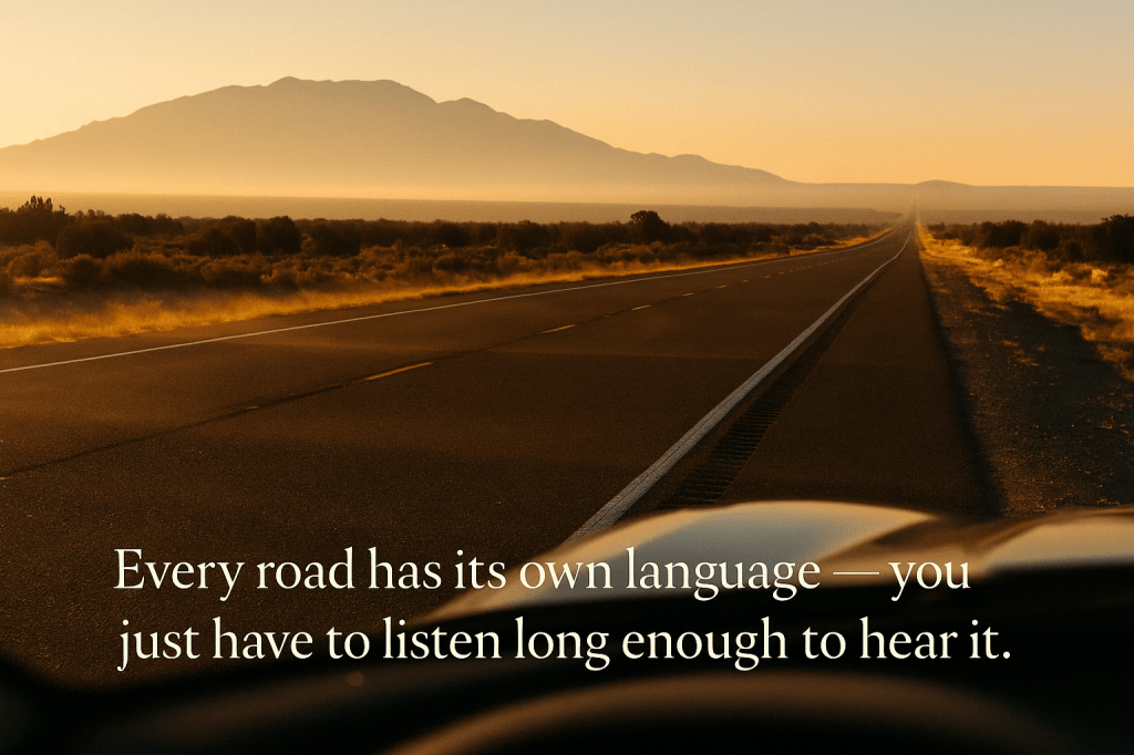 Early morning on a desert highway — soft light stretching across the asphalt, the Sandias faint in the distance. The edge of a car hood visible in the corner, heat shimmer rising. A sense of solitude, motion, and quiet determination.