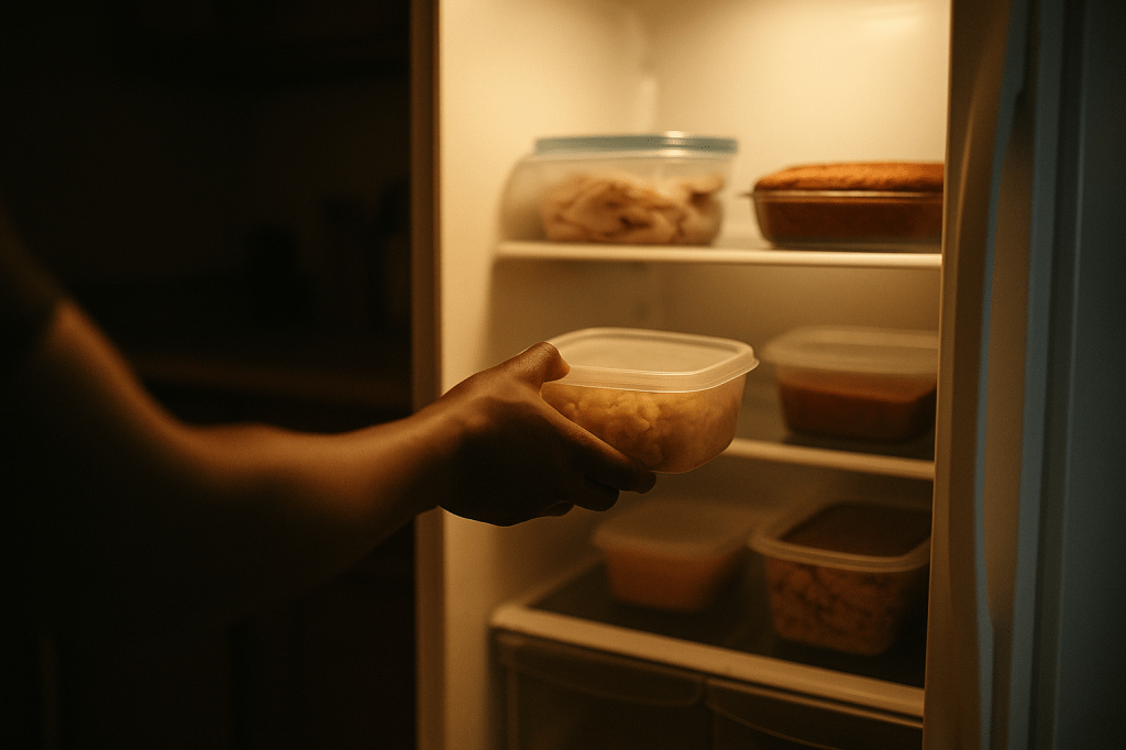 "Black hand reaching into a softly lit refrigerator for a container of leftovers after Thanksgiving."