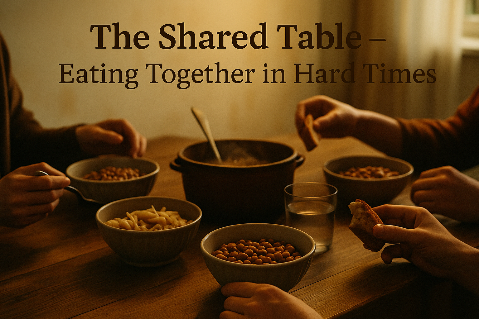 “A warm wooden table set with shared dishes and soft evening light — symbolizing togetherness and survival during hard times.”