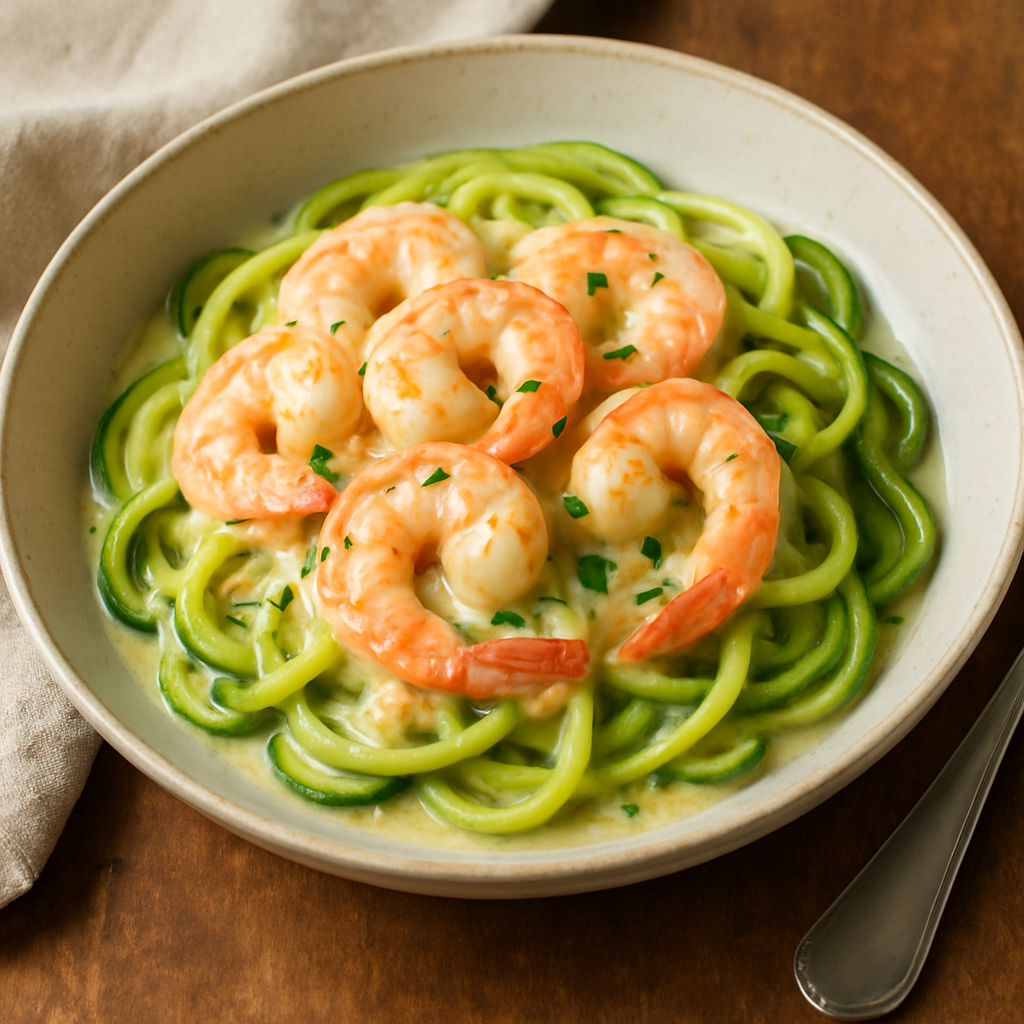 A bowl of creamy garlic shrimp served over fresh zoodles with soft winter lighting.