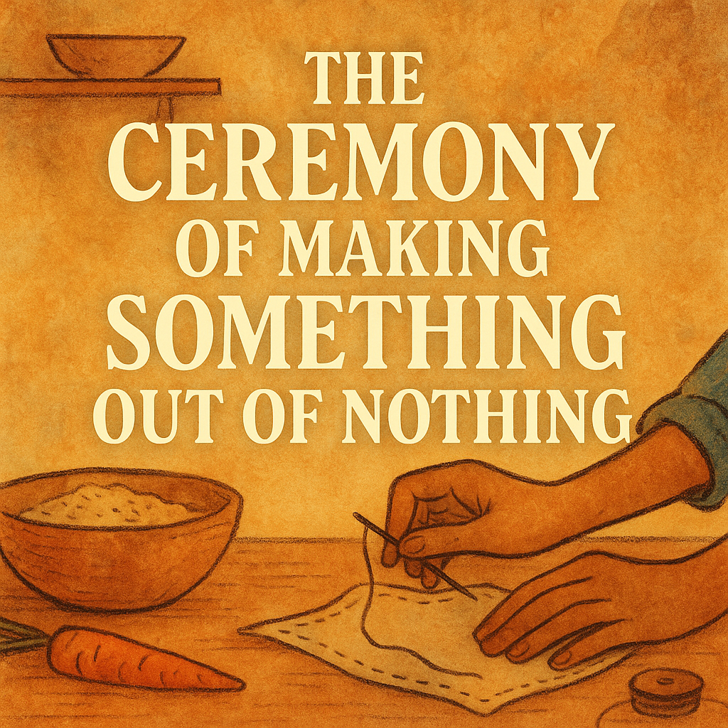 "Warm kitchen counter with simple ingredients—flour, water, and rising dough—beside a steaming pot, symbolizing the ceremony of making something out of nothing."