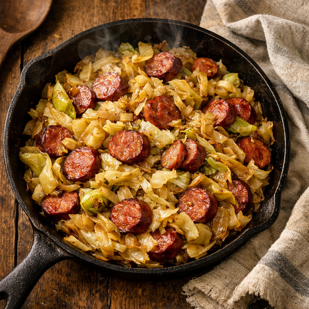 A rustic cast-iron skillet filled with sautéed cabbage and sliced smoked sausage, steaming gently over a wooden table — a cozy, budget-friendly winter meal for two.