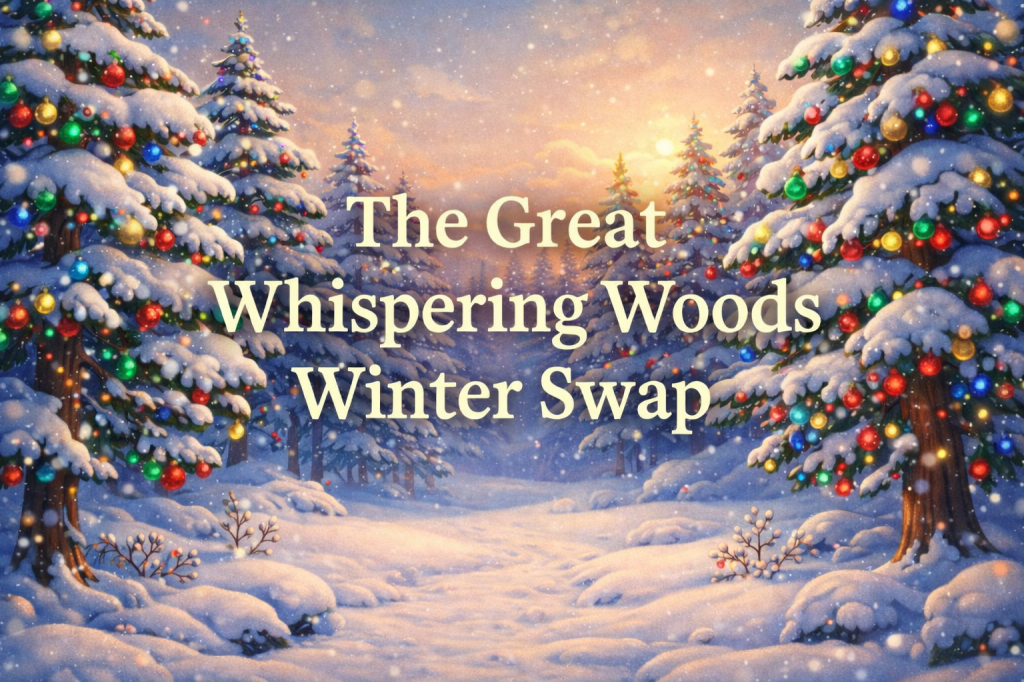 "Felix the Fox and friends sharing heartfelt gifts in a snowy forest clearing during the Winter Swap."