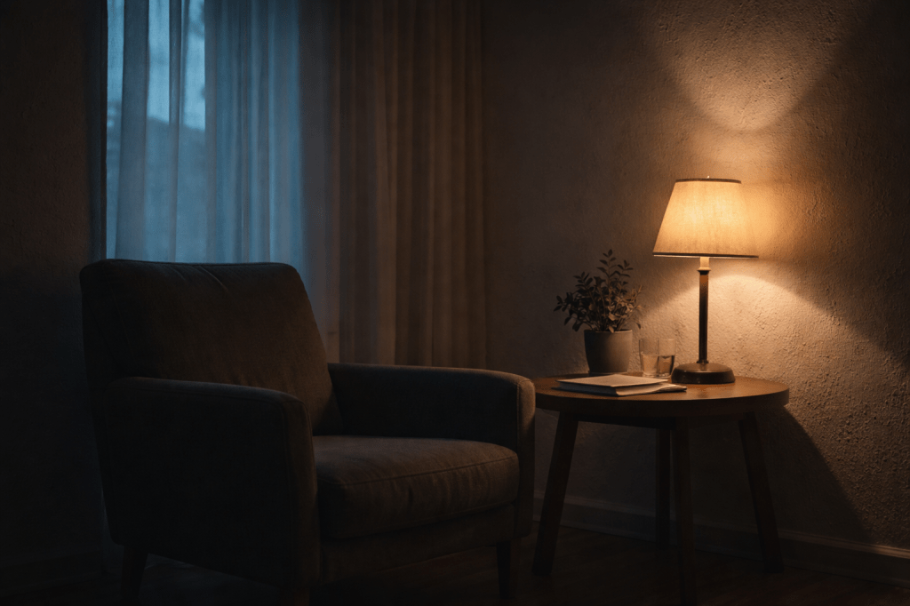 A quiet, dimly lit room with an empty chair, symbolizing reflection, presence, and unspoken emotional struggle.