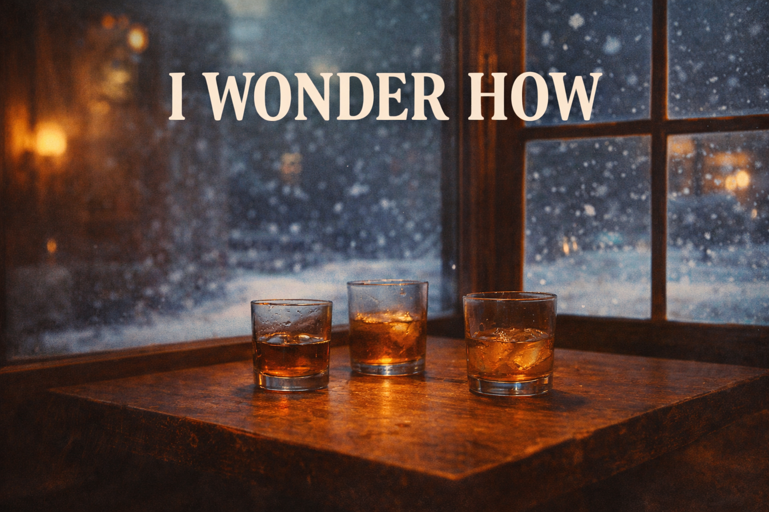 "Three glasses on a wooden table in a dim bar as snow falls outside, symbolizing reflection and wonder on Christmas Eve."