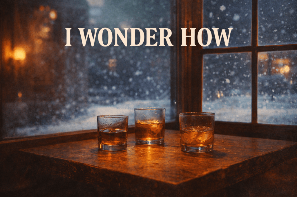 "Three glasses on a wooden table in a dim bar as snow falls outside, symbolizing reflection and wonder on Christmas Eve."
