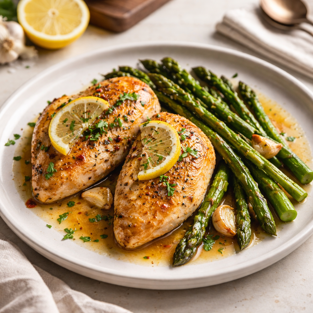 Lemon garlic butter chicken served with sautéed asparagus on a simple plate, a clean and intentional keto dinner made in one skillet.