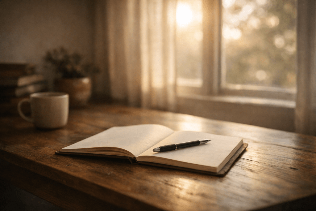 A softly lit desk by a window with an open notebook and pen, evoking reflection, gratitude, and quiet presence.