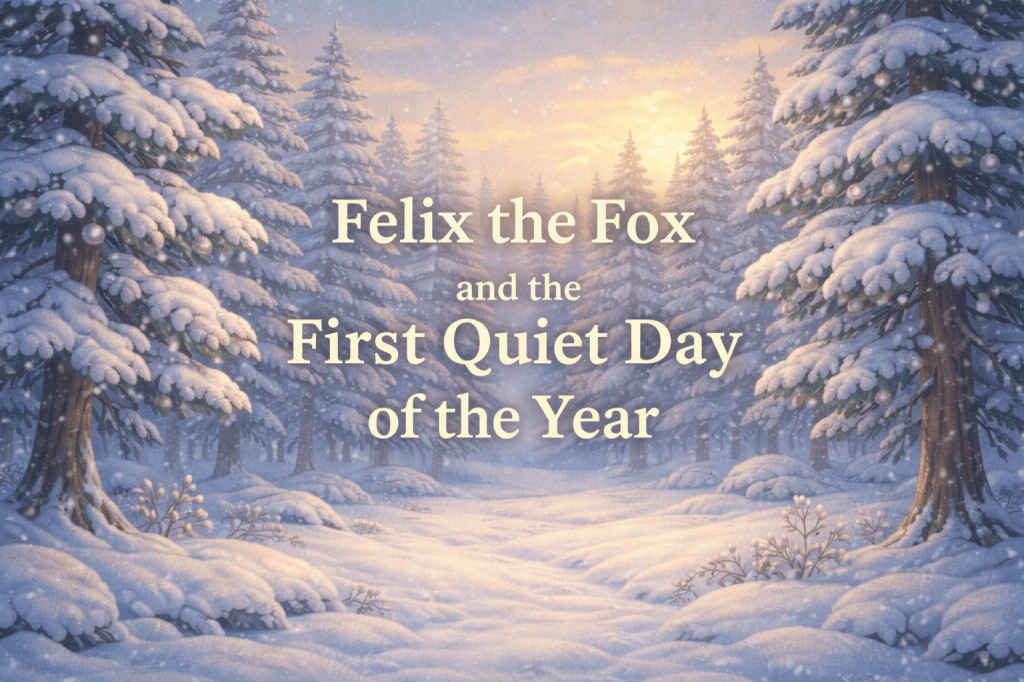 A quiet winter forest scene with soft light and snow-covered trees, used as the featured image for the story "Felix the Fox and the First Quiet Day of the Year."