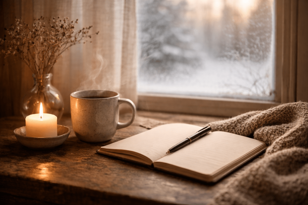 Soft winter light coming through a quiet window, creating a calm, reflective atmosphere at the start of the year.