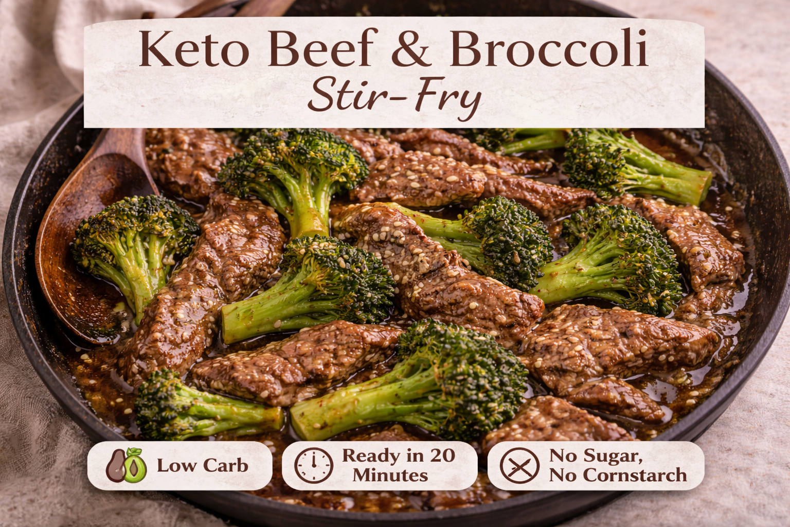 Keto beef and broccoli stir-fry cooked in a skillet with tender beef slices and bright green broccoli in a savory sauce.