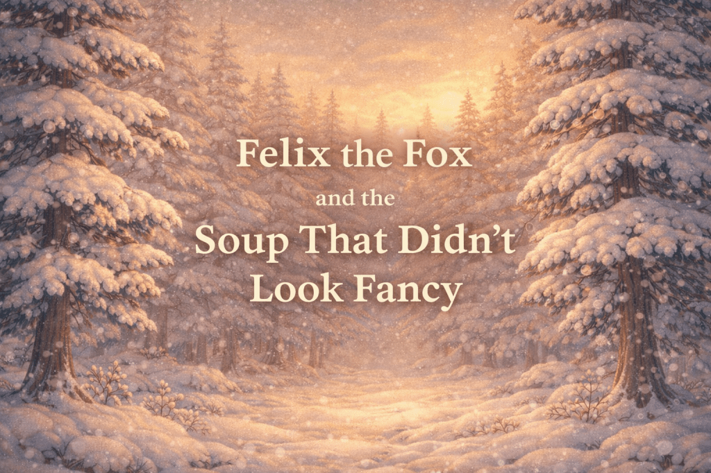 A quiet winter forest scene with soft light and snow-covered trees, used as the featured image for the story "Felix the Fox and the Soup That Didn't Look Fancy."