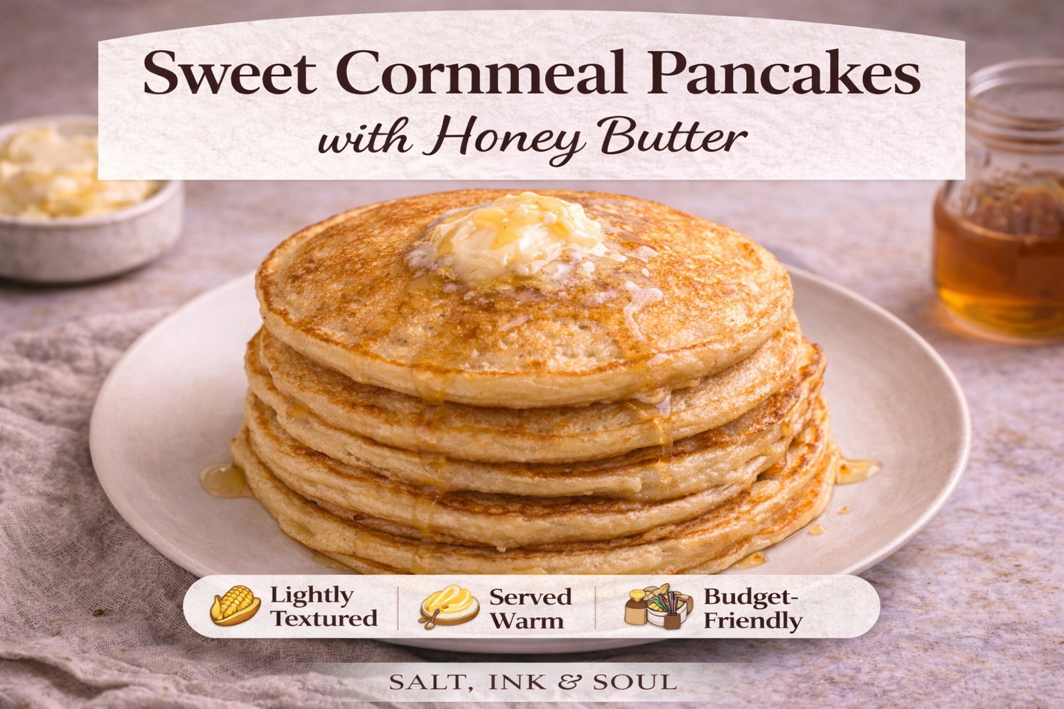 Stack of sweet cornmeal pancakes topped with honey butter, served warm on a simple plate.