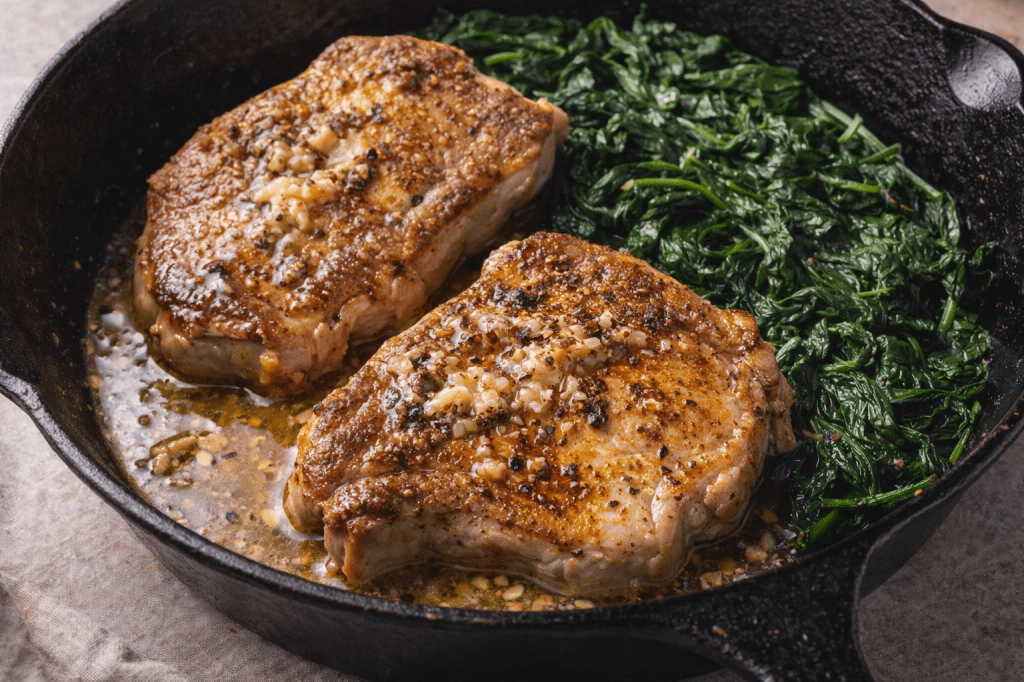 Garlic butter pork chops served with wilted spinach in a skillet, a simple one-pan keto dinner.