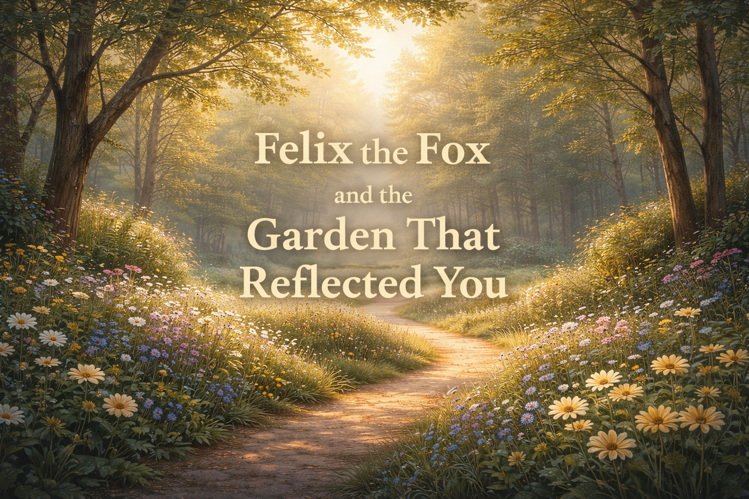 A quiet woodland garden with soft light and a gentle path, used as the featured image for the story "Felix the Fox and the Garden That Reflected You."