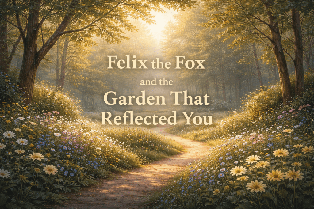 A quiet woodland garden with soft light and a gentle path, used as the featured image for the story "Felix the Fox and the Garden That Reflected You."