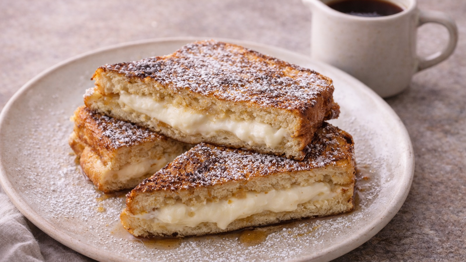 Cream cheese–stuffed French toast sliced and dusted with powdered sugar on a simple plate.