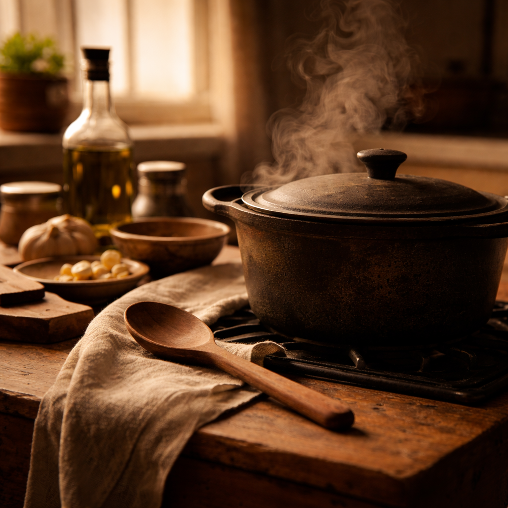 A softly lit kitchen scene with a well-used pot on the stove, suggesting home cooking and quiet nourishment.