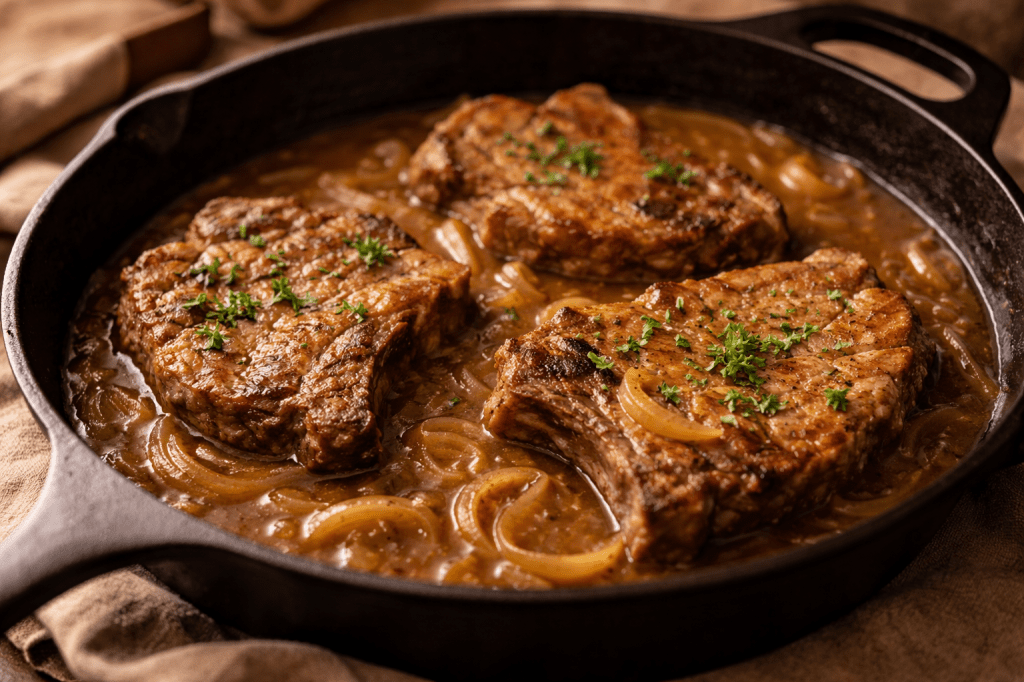 Smothered pork chops simmering in onion gravy in a cast-iron skillet.