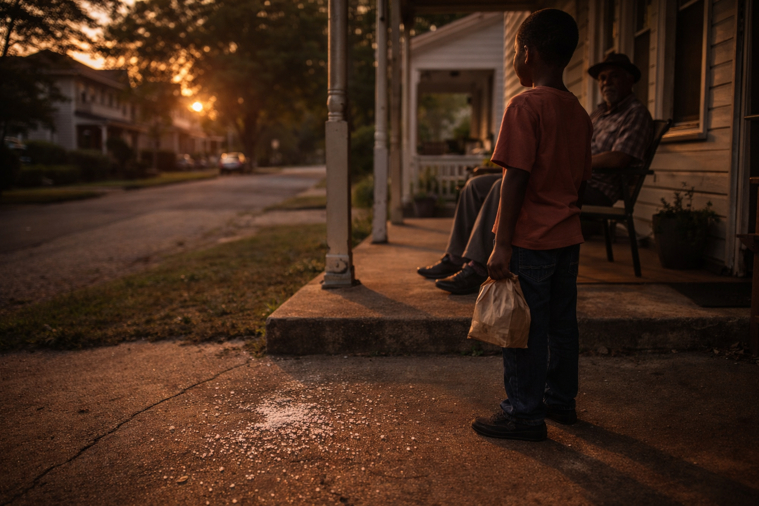 A young Black boy holding a paper sack near a porch where an older man sits, with salt scattered on the ground in a quiet neighborhood.