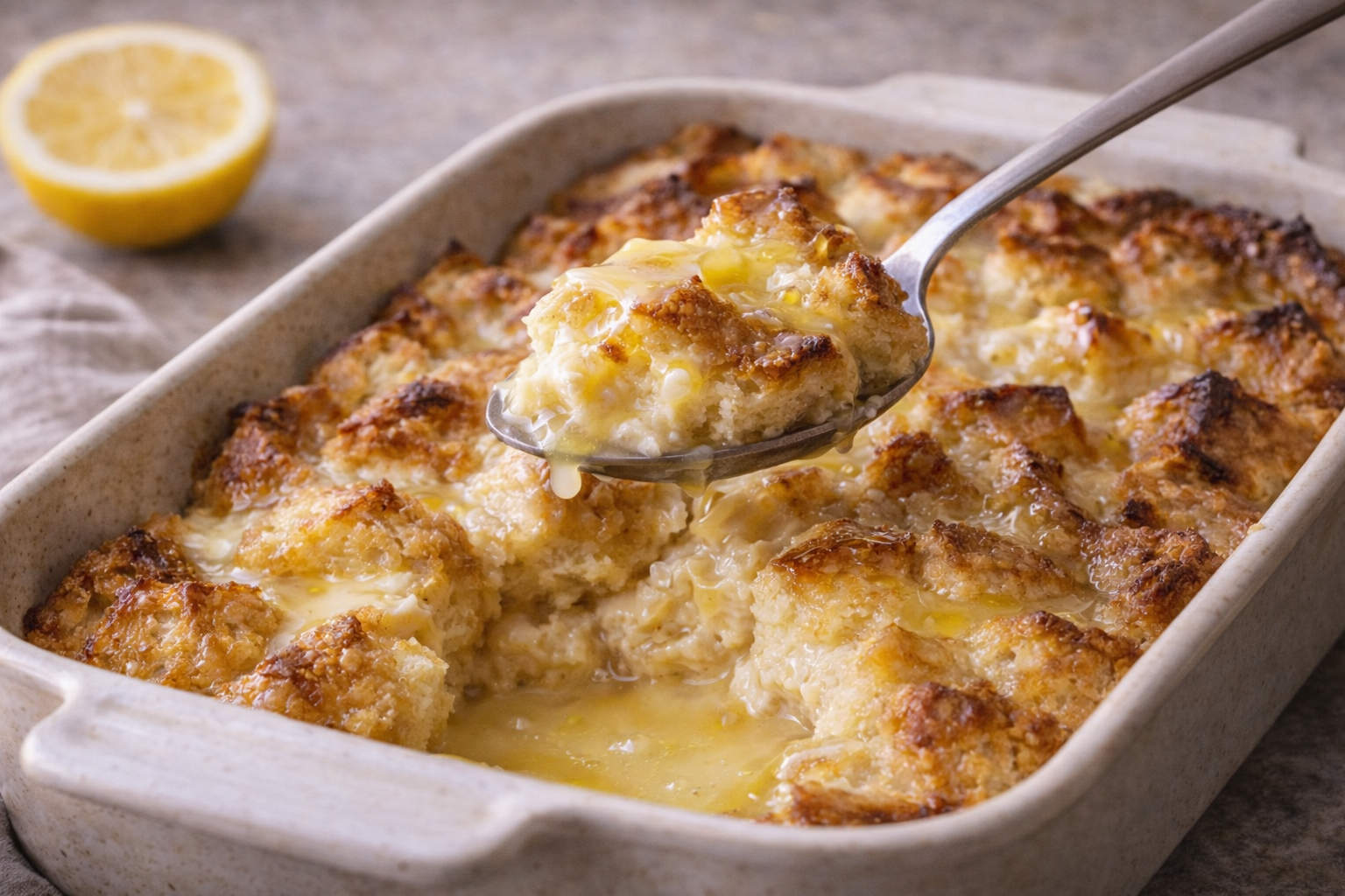 Homemade bread pudding with lemon sauce served warm in a simple baking dish.