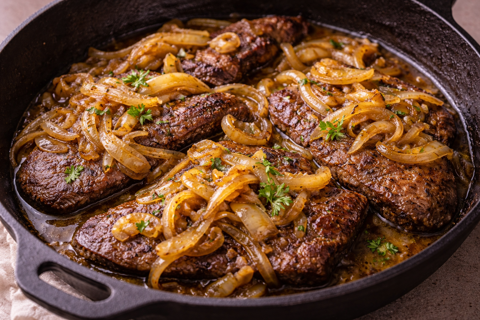 Soul food–style liver and onions cooked tender with caramelized onions in a skillet.