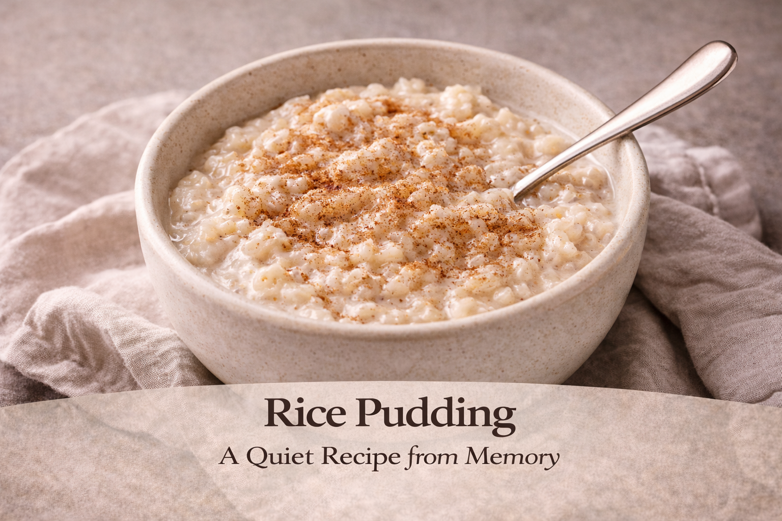 A bowl of homemade rice pudding with cinnamon, photographed in soft natural light.