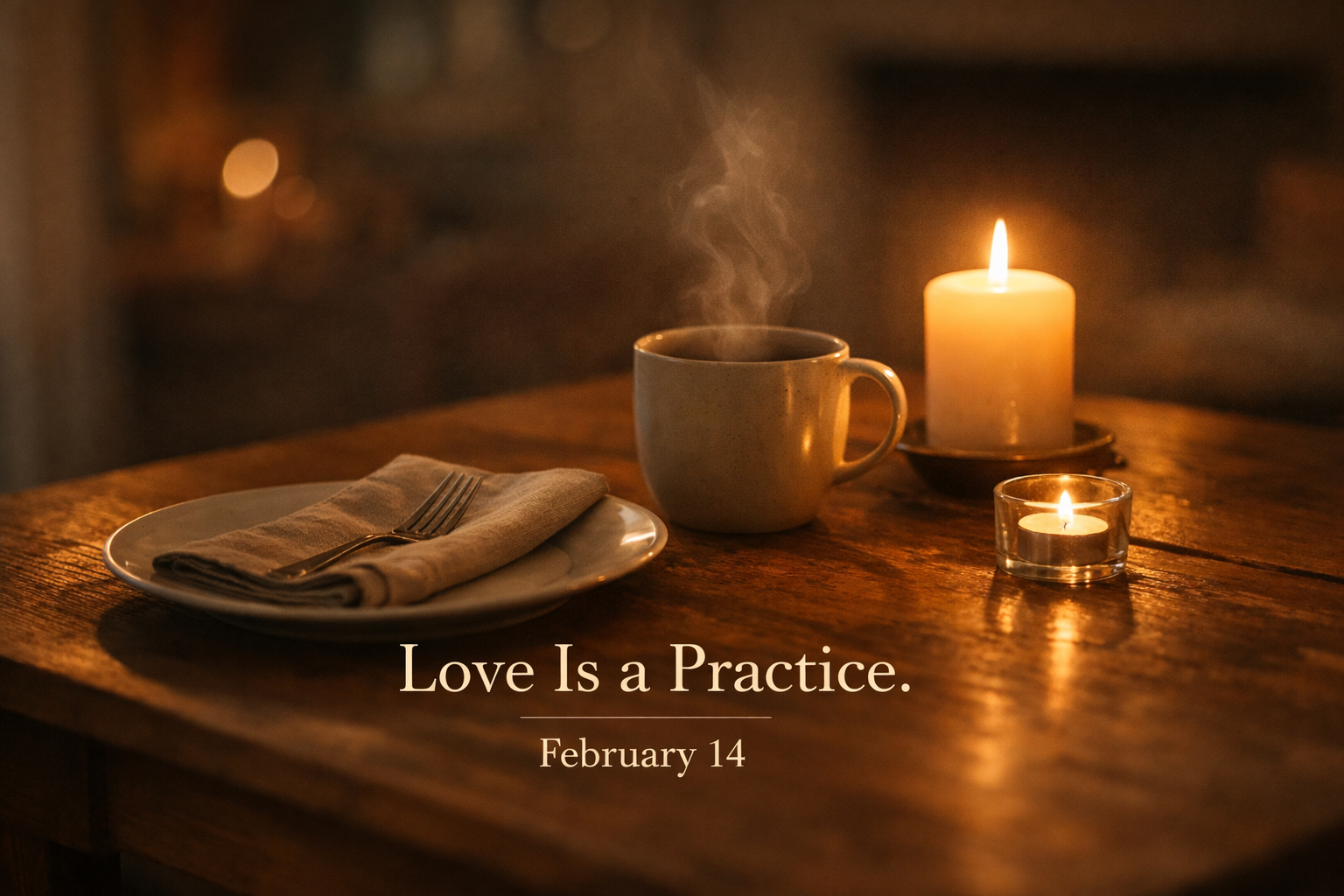 A single place setting on a warmly lit table with a candle and steam rising, symbolizing self-love and quiet reflection on Valentine's Day.