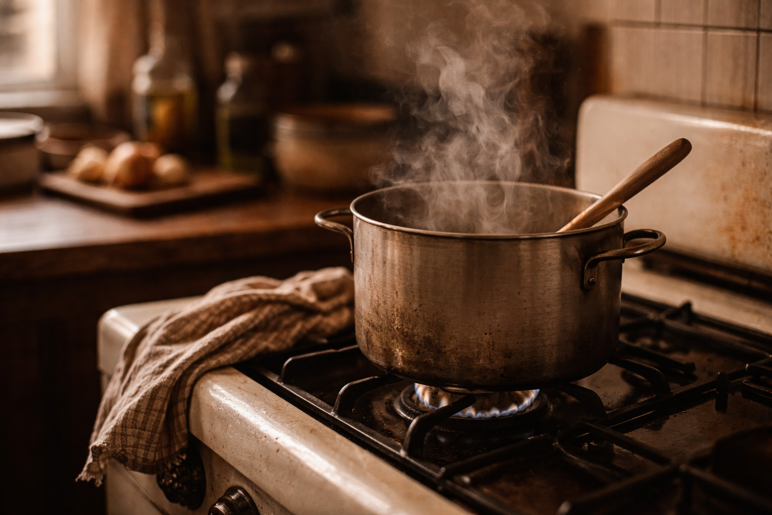 A warm, simple kitchen scene suggesting cooking as care rather than performance.