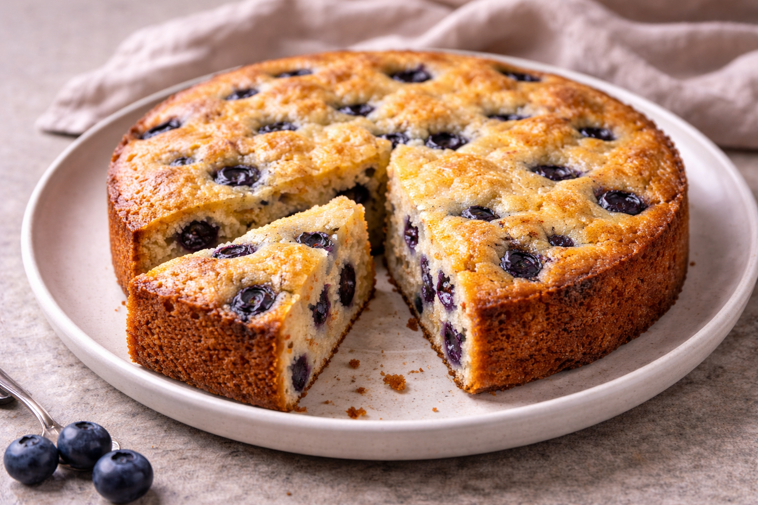 Keto blueberry tea cake made with almond flour and fresh blueberries, sliced on a neutral surface.