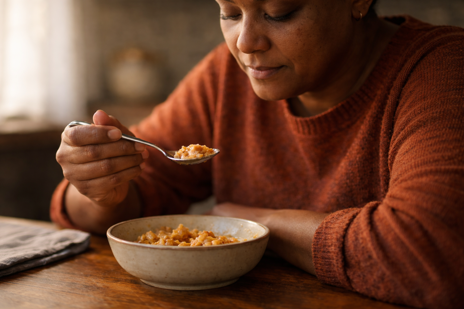 A person pausing mid-bite at a kitchen table, appearing reflective and satisfied in warm natural light.