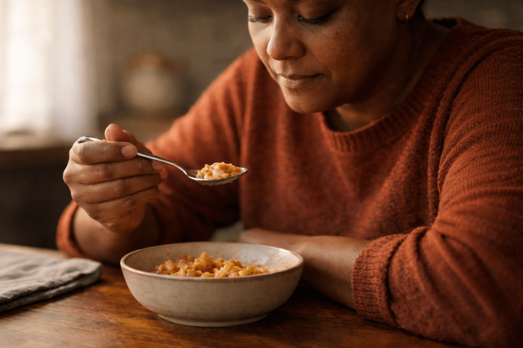 A person pausing mid-bite at a kitchen table, appearing reflective and satisfied in warm natural light.