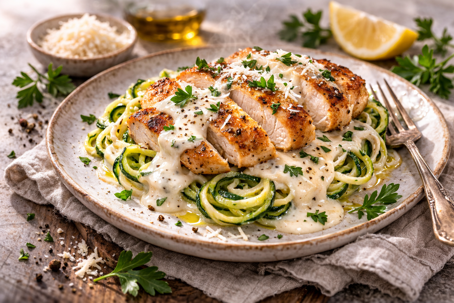 Keto chicken Alfredo served over zucchini noodles with creamy Parmesan sauce and parsley.