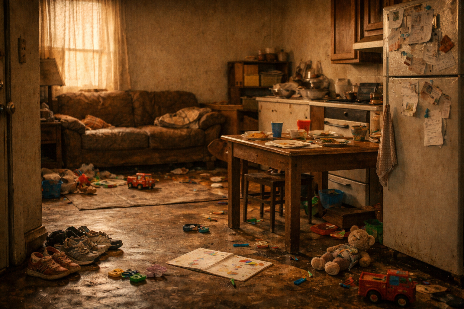 A small, worn apartment kitchen and living room filled with children's shoes, toys, and multiple plates on a table, suggesting the presence of many children in a modest space.