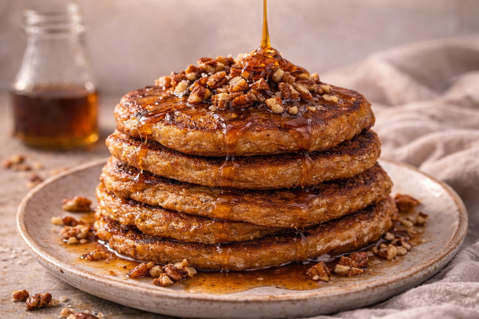 Stack of sweet potato buttermilk pancakes topped with bourbon maple syrup and toasted pecans in warm morning light.