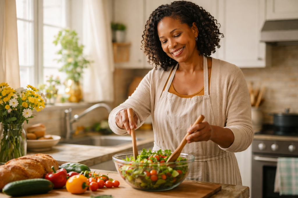 A joyful African American woman preparing food in a sunlit kitchen, representing strength, care, and everyday leadership.