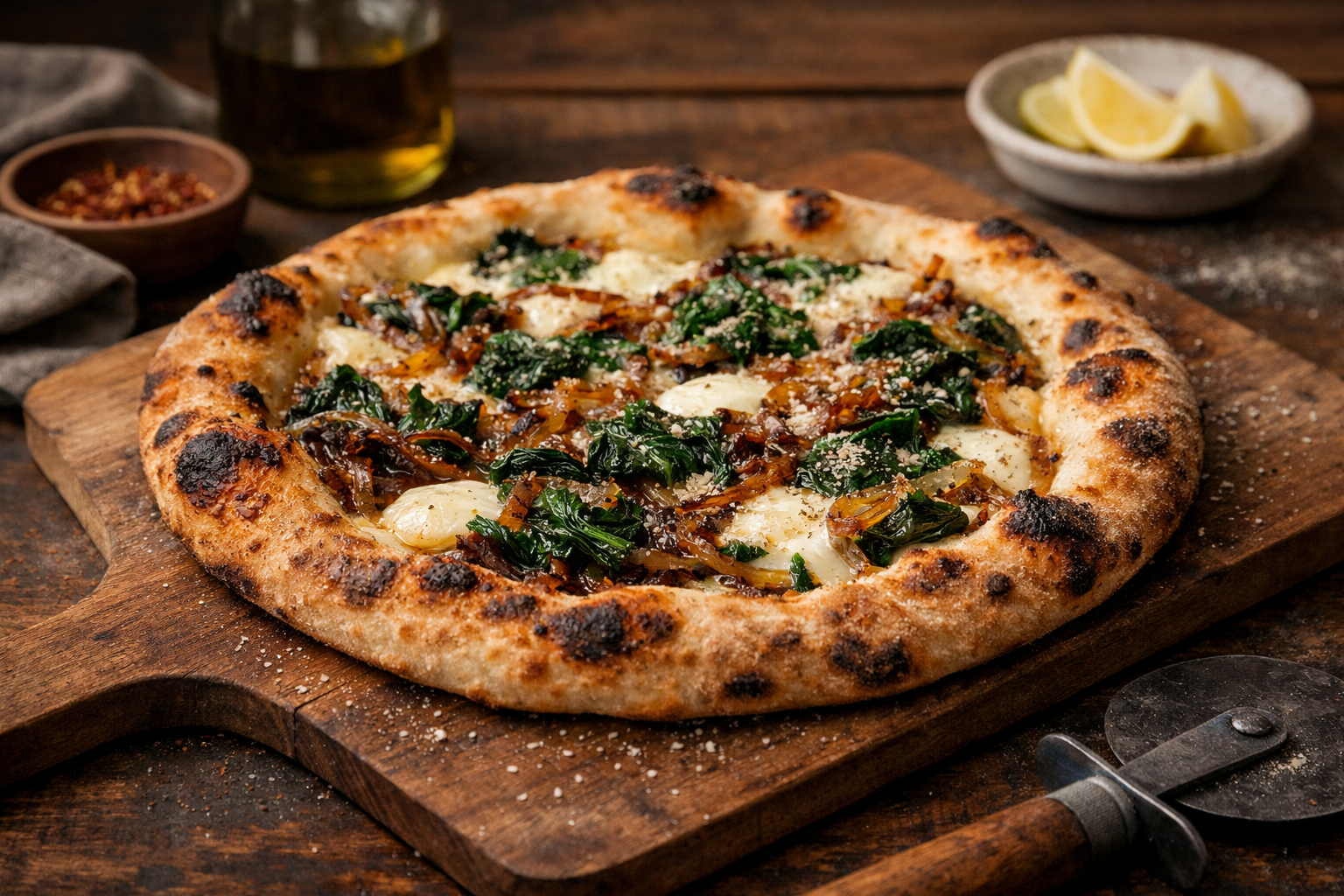 Neapolitan pizza with caramelized onions, spinach, and mozzarella on a rustic wooden board.