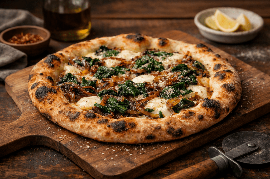 Neapolitan pizza with caramelized onions, spinach, and mozzarella on a rustic wooden board.