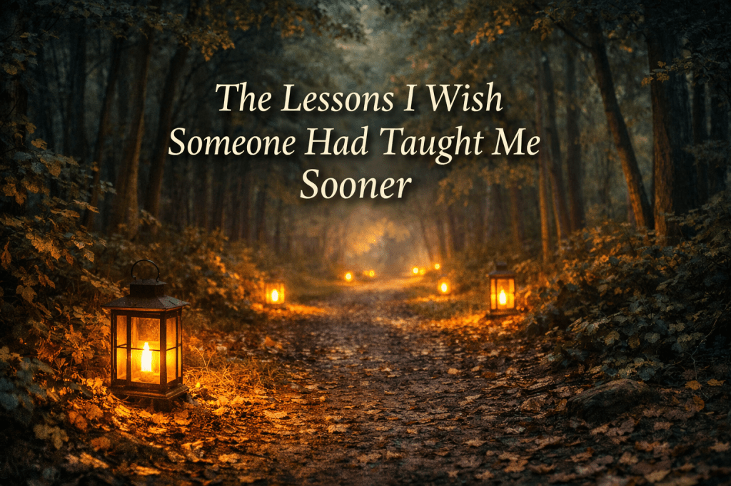 Lanterns lighting a quiet forest path symbolizing life lessons and reflection in the essay "The Lessons I Wish Someone Had Taught Me Sooner."