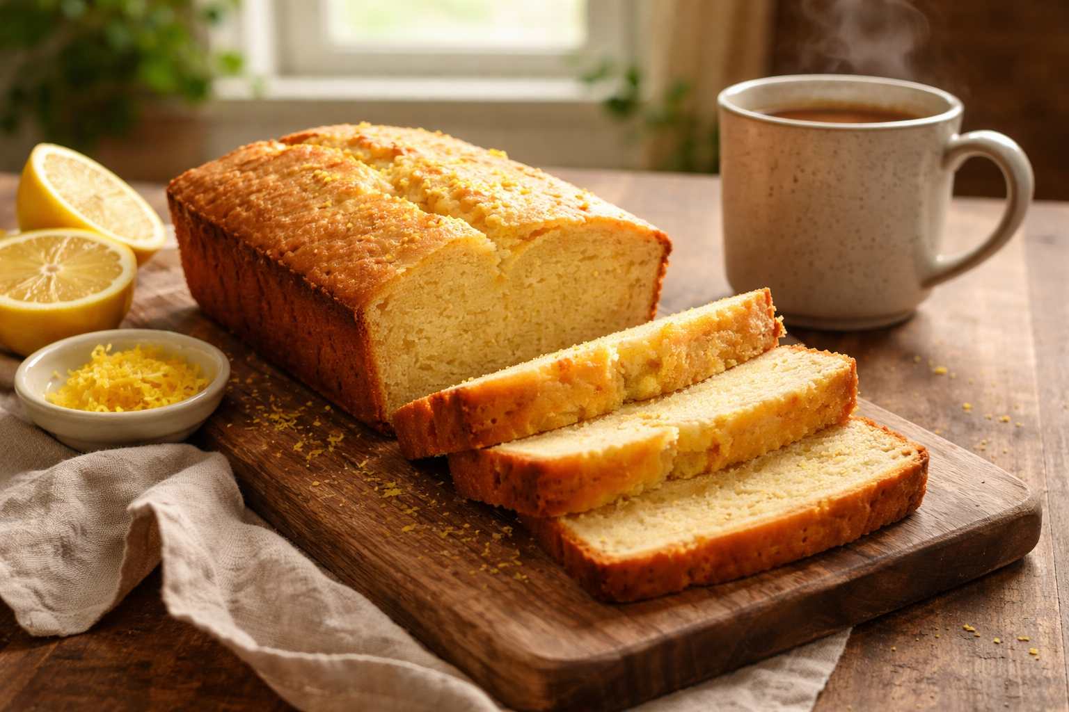 Slice of keto lemon pound cake made with almond flour and fresh lemon beside a warm cup of coffee on a rustic kitchen table