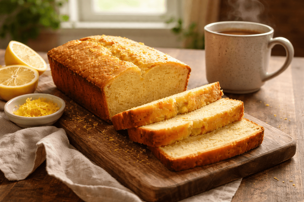 Slice of keto lemon pound cake made with almond flour and fresh lemon beside a warm cup of coffee on a rustic kitchen table
