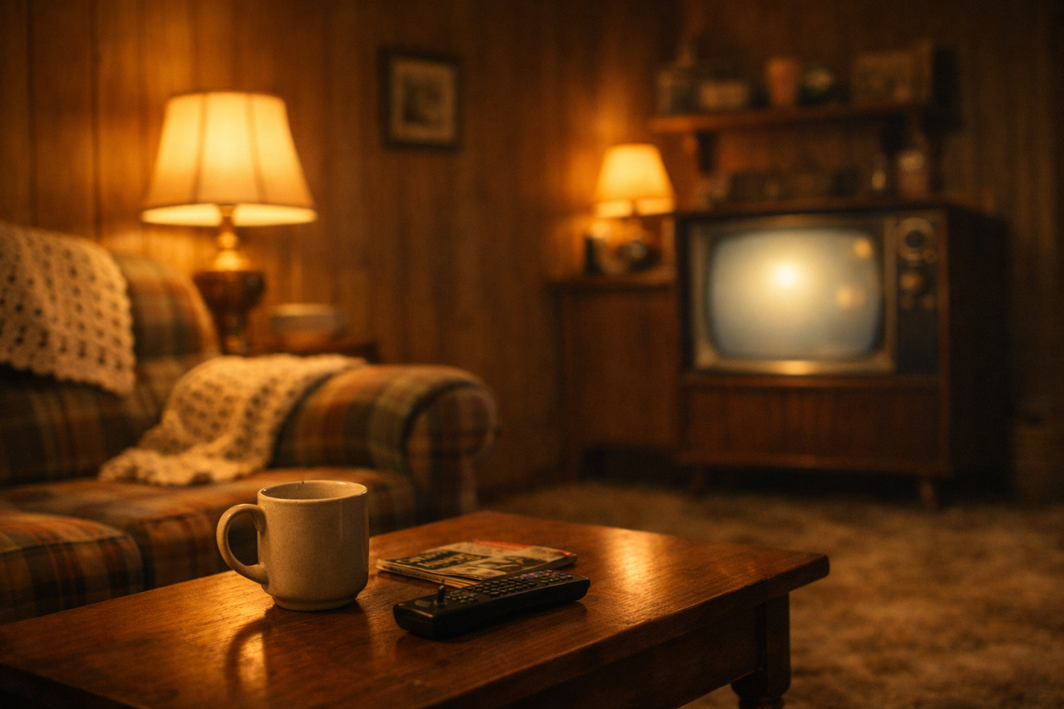 A nostalgic 1970s living room with a vintage wood-cabinet television glowing softly beside a coffee mug on a wooden table.