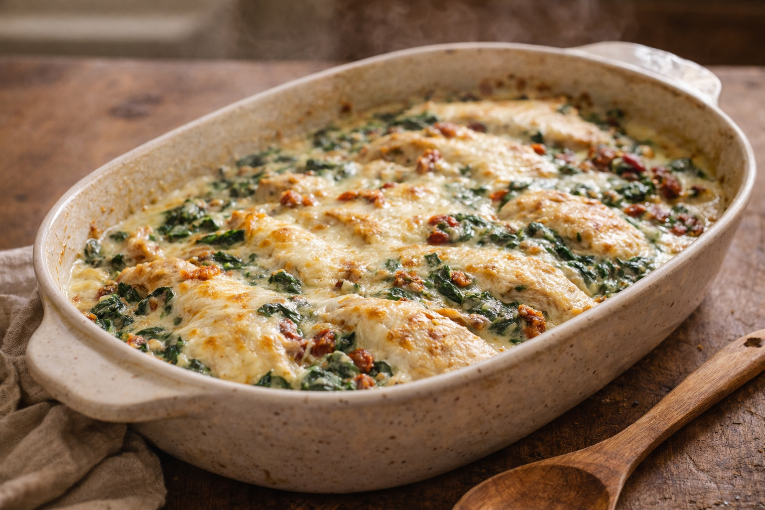 Creamy Tuscan garlic chicken casserole with Spinach and sun-dried tomatoes in a rustic baking dish
