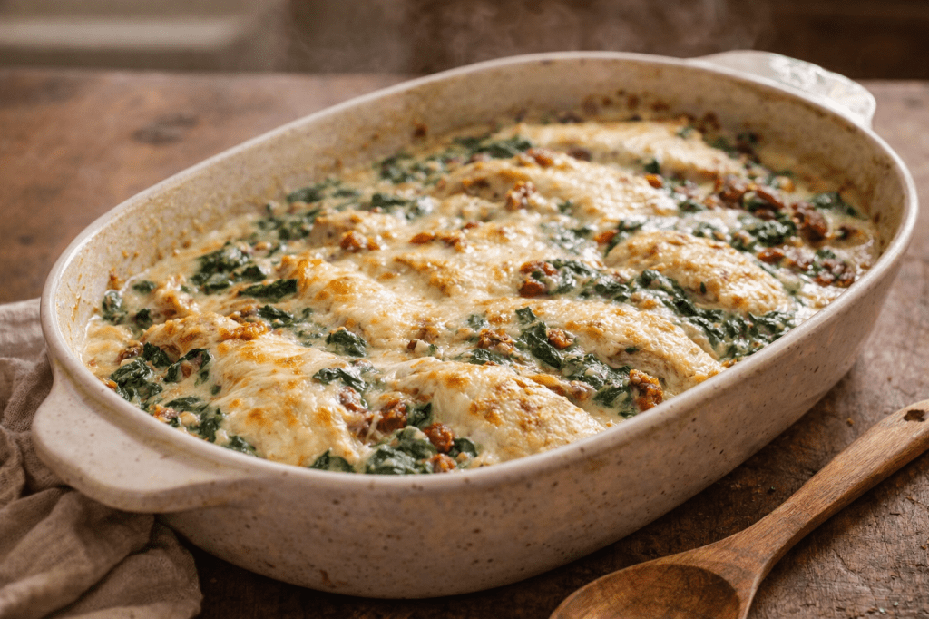 Creamy Tuscan garlic chicken casserole with Spinach and sun-dried tomatoes in a rustic baking dish