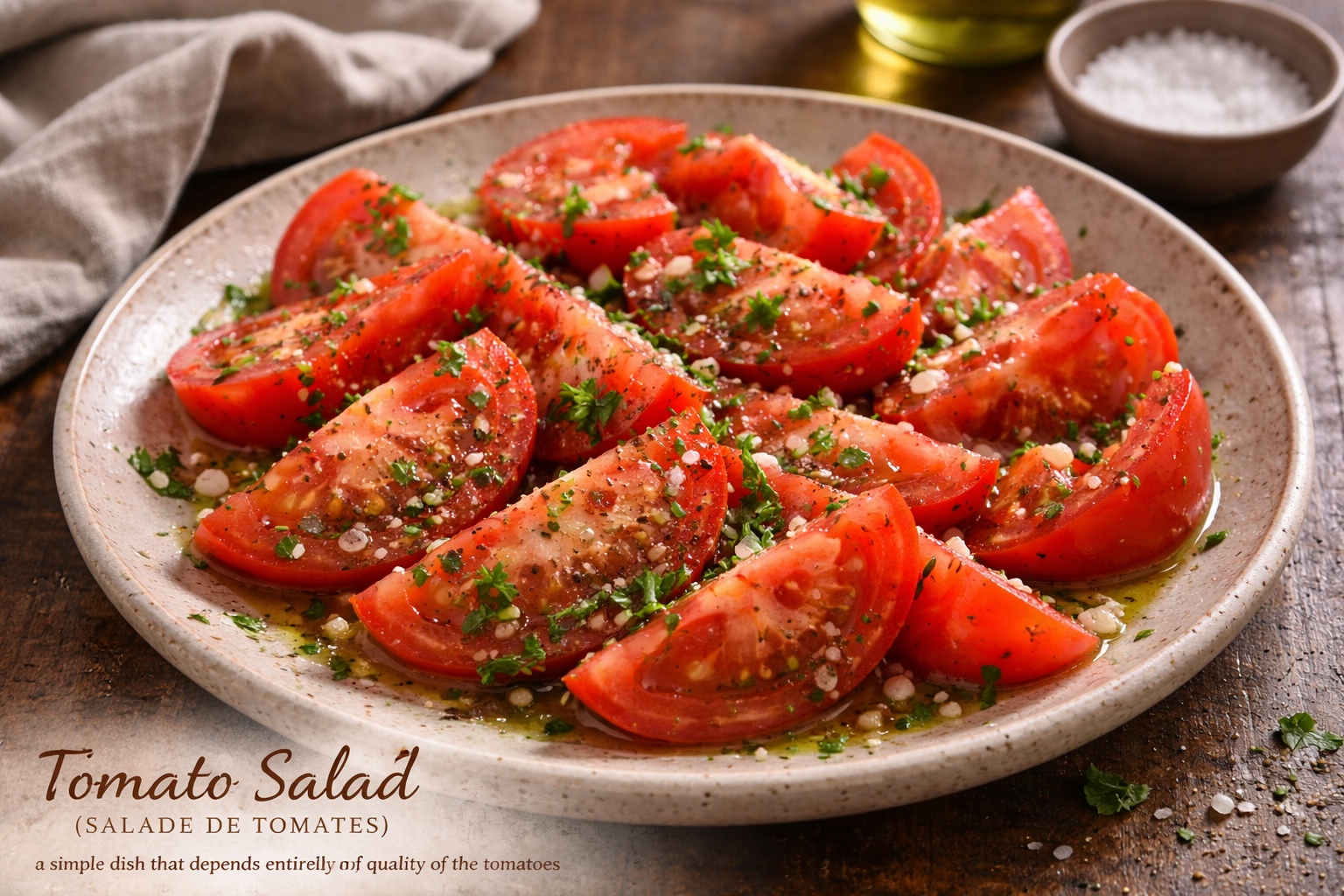 Fresh tomato salad with olive oil, shallots, parsley, and sea salt on a rustic plate