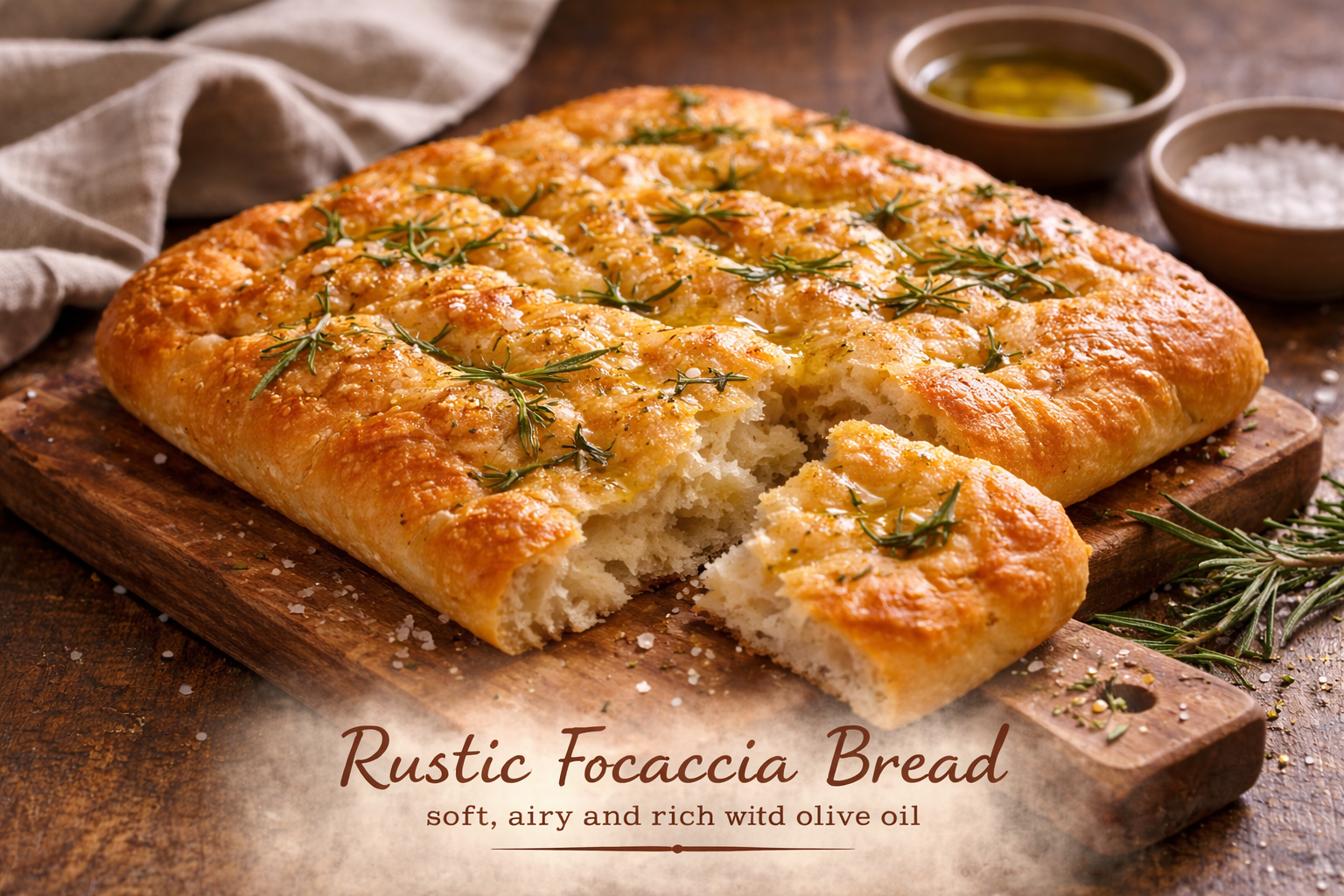 Rustic focaccia bread with olive oil dimples and sea salt on a wooden board