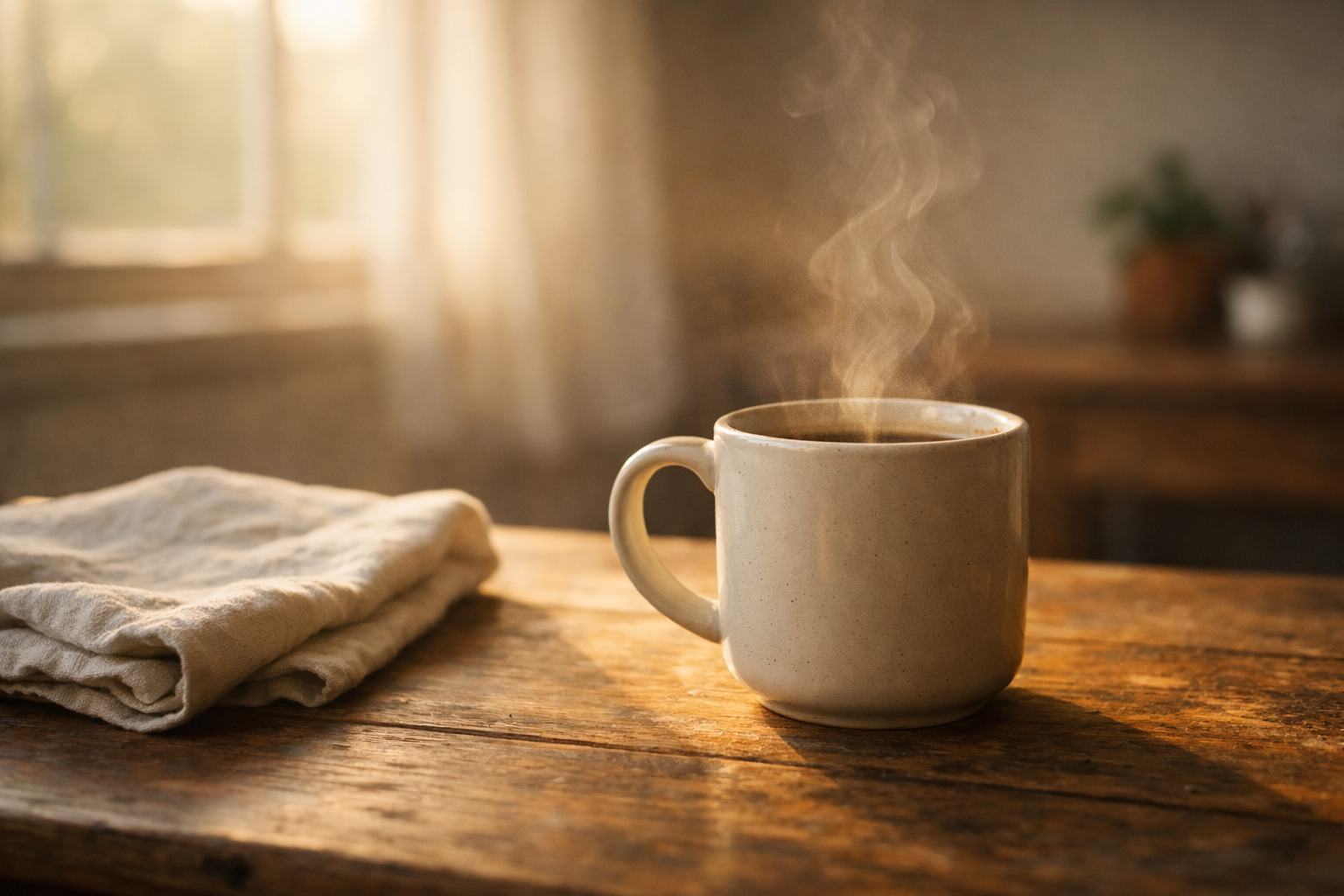 Morning light in a quiet kitchen, with a coffee mug on a wooden table, symbolizes a calm start to the week.