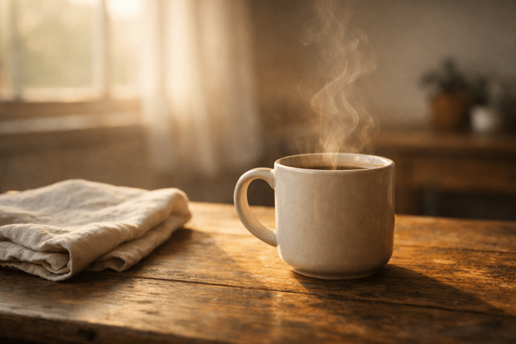 Morning light in a quiet kitchen, with a coffee mug on a wooden table, symbolizes a calm start to the week.